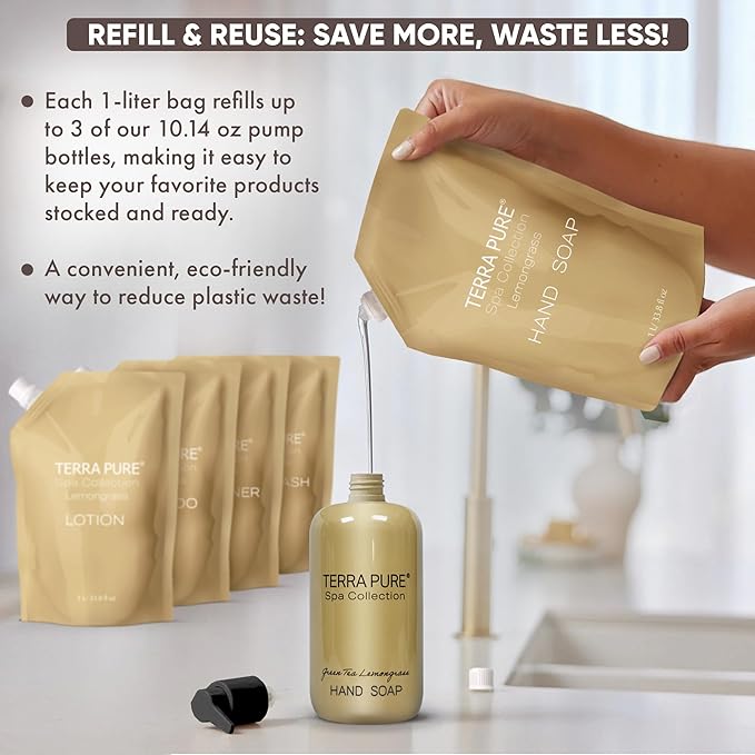 Terra Pure Spa Collection 1 Liter Hand Wash Refill Bag For Soap Dispensers | Bulk Toiletries for Vacation Rentals, and Home Bathroom Showers | Green Tea Lemongrass | Single