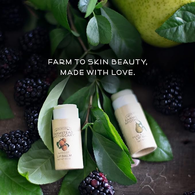 Farmstead Apothecary Lip Balm Gift Set with Pouch - Reusable Pouch Includes 4 -.2 oz Lip Balms - Boysenberry Vanilla, Fig & Honey, Pear & Almond , Apricot ,1 each. 100 % Natural, 99% Organic