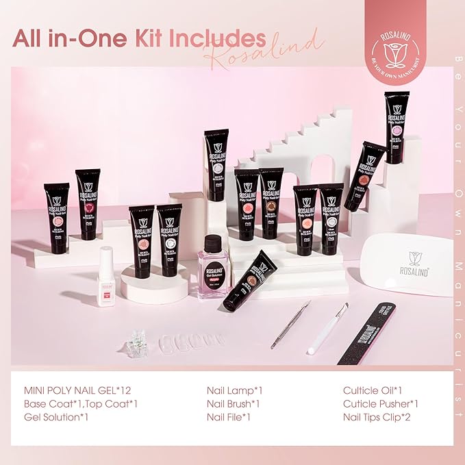ROSALIND 12PCS Pink Brown Poly Nail Gel Kit with Mini Nail Lamp White Glitter Pink Poly Extension Gel Set