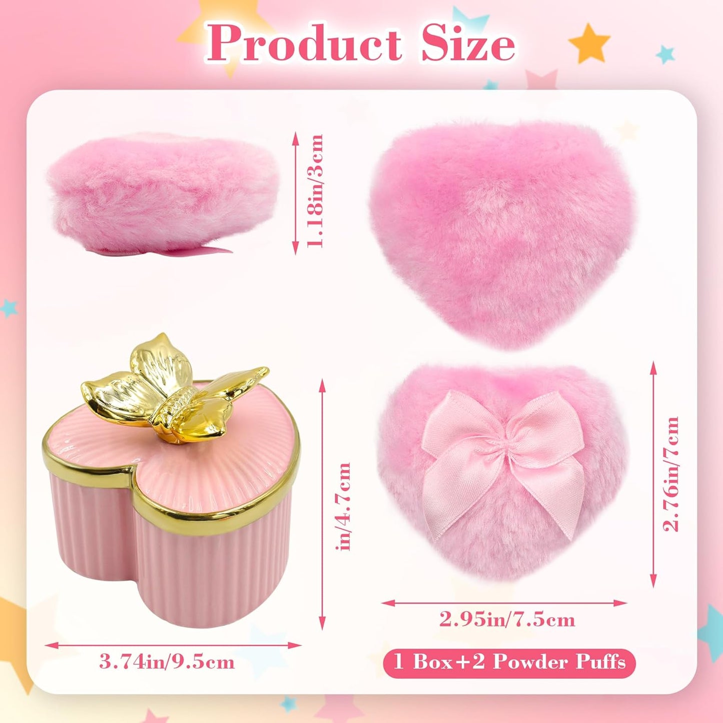 Large Body Powder Puff and Container, Ceramics Dusting Powder Container with 2 PCS Washable Heart Shaped Body Puff, Butterfly Dusting Case for Wet and Dry Makeup (Pink)