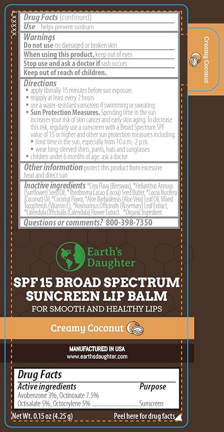 SPF Lip Balm 4-Pack by Earth's Daughter - Lip Sunscreen, SPF 15, Organic Ingredients, Coconut Flavor, Beeswax, Coconut Oil, Vitamin E - Hypoallergenic, Paraben Free, Gluten Free, New