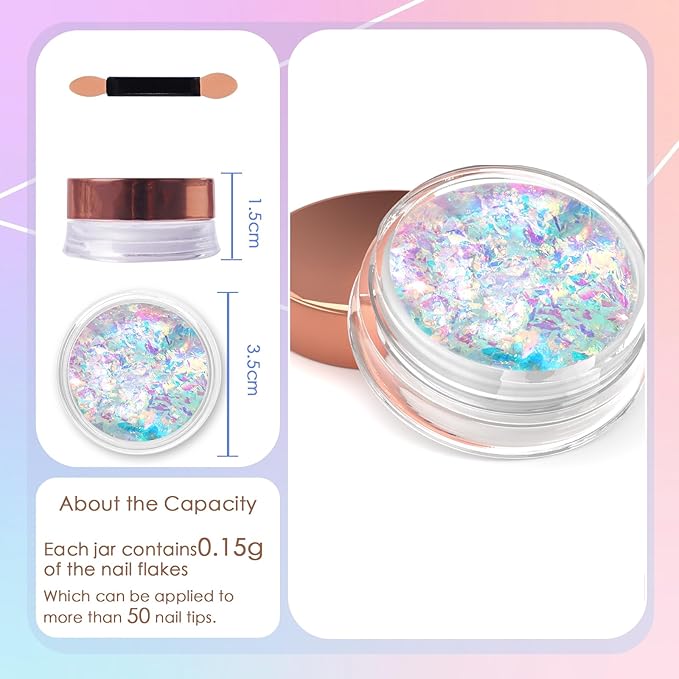 Laza Silver White Pearlescent Nail Flakes Glitter Irregular Opal Nail Foil Flakes Chunky Confetti Moonlight Chrome Sequins Aurora Fairy Dust for Mermaid Nails Design, Nail Decorations for Nail Art