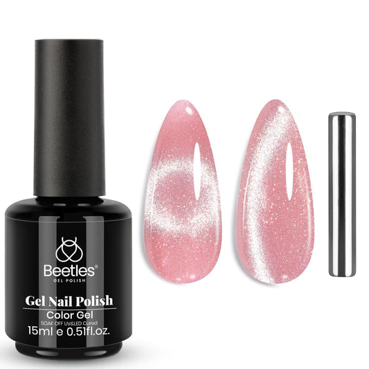 Beetles Pink Cat Eye Gel Nail Polish - 15ML Summer Light Pink Cat Eye Glitter Shimmer Gel Polish with Magnet Soak Off UV Soft Afternoon Collection Nail Art Design Manicure Gifts for Women