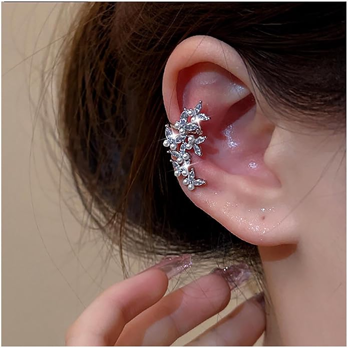 Vintage Crystal Pearl Ear Cuff Earrings Rhinestone Butterfly Cuff Wrap Earrings Cz Butterfly Ear Climber Cuff Earrings Silver Pearl Cz Non Piercing Earring Jewelry for Women(Left)