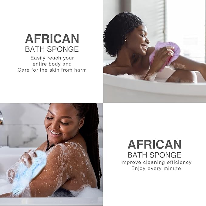 UJFQBH 3 Pieces African exfoliating net African Net Long Net Bath Sponge Exfoliating Shower Body Scrubber Back Scrubber Skin Smoother,Great for Daily Use (Purple Gray Blue)