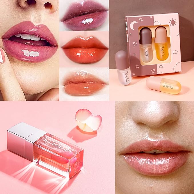 Plumping Lip Oil, Hydrating Lip Glow Oil Cherry, Plumper Lip Gloss Oil Set Clear, Lip Oil Tinted for Lip Care and Dry Lips, Long Lasting Nourishing Lip Glow Oil,Lip Plumper Gloss(001 PINK)