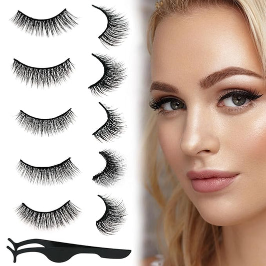 Self Adhesive Eyelashes Natural Look False Eyelashes Reusable Self Stick Lashes, No Glue Needed, 5 Pairs Long
