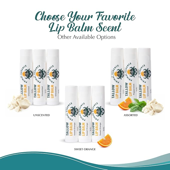 Moisturizing Tallow Lip Balm – Grass-Fed Beef Tallow with Organic Coconut Oil, Beeswax, and Vitamin E – Peppermint – Lip Balm Set – Travel Essential – 3-Pack