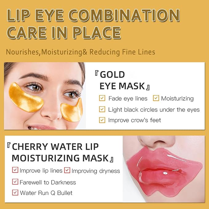 30 Pairs Lip Mask & Eye Mask, 24K Gold Gel Crystal Collagen Eye Pads for Puffy Eyes, Effectively Moisturizing the Lip & Eye Skin, Under Eye Patches for Dark Circles, Eye Bags, Wrinkles and Fine Lines