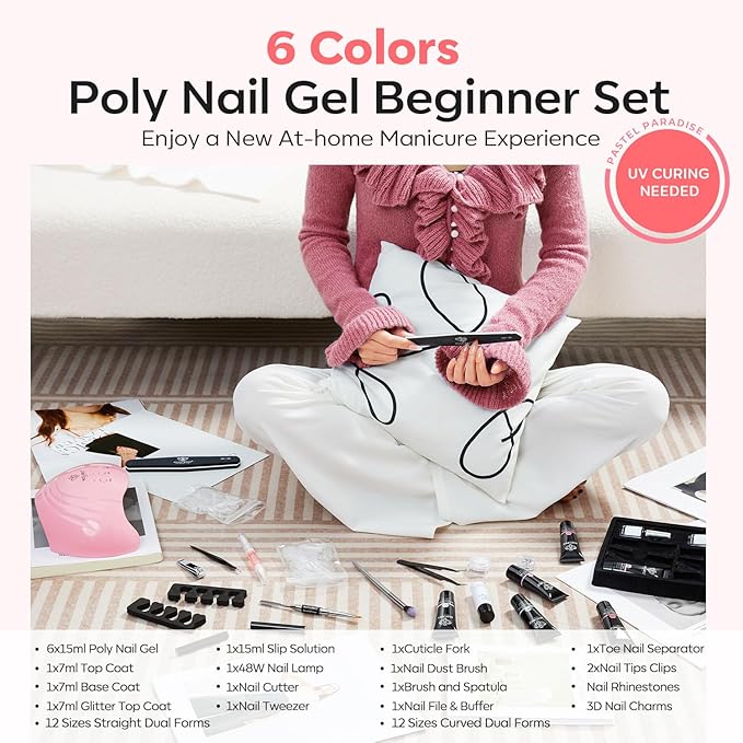 Modelones Poly Nail Gel Kit, 6 Colors Poly Extension Gel Clear Pink White with 48W U V/LED Lamp 3D Nail Charms Builder Slip Solution Complete Toe Manicure Supplies Tools for Starter