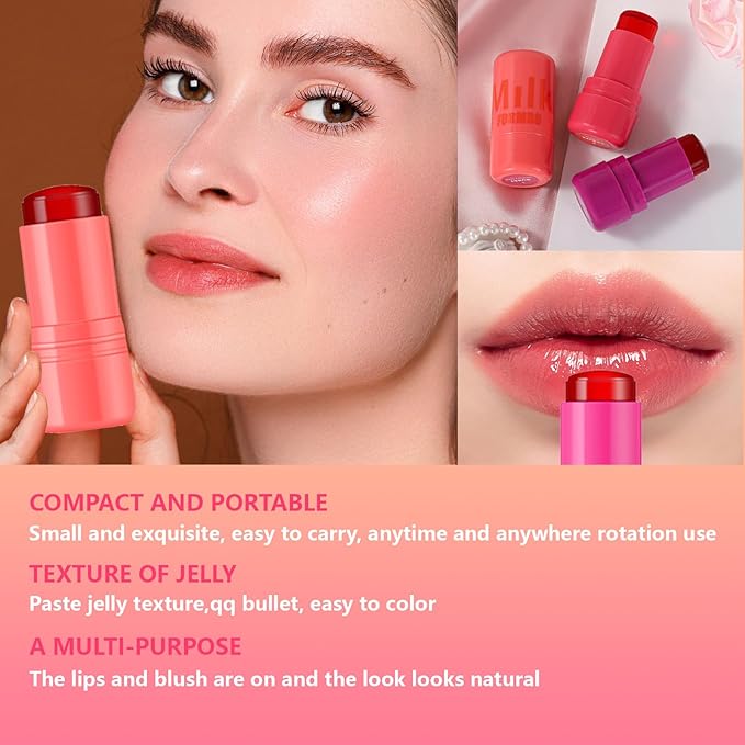 2 Pcs Milk Jelly Blush,Jelly Tint Blush Stick Sheer Lip & Cheek Stain Milk Cooling Water Jelly Tint Long Lasting Face Blushes, Lip Gloss Cheek Solid Moisturizer Stick (03#+04#)