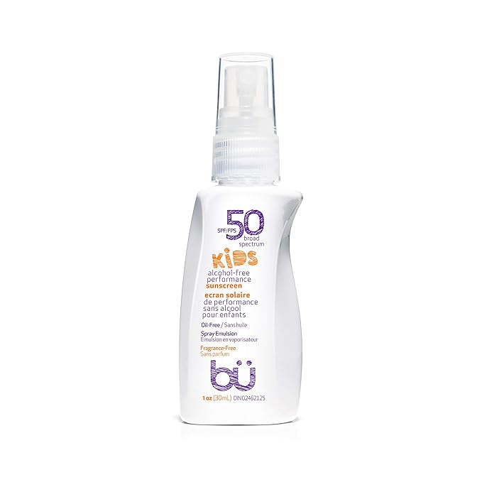 BU SPF 50 Kids Sunscreen Spray for Face and Body, Non Aerosol Spray, TSA Travel Size Sunscreen, Clear, Non Greasy, Water Resistant, Oil Free, Fragrance Free 1 oz