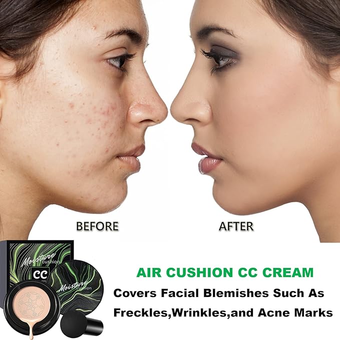 Mushroom Head Air Cushion CC Cream Foundation,QIUFSSE Mushroom Head Foundation BB Cream Makeup Foundation Concealer Brighten Long-lasting Oil Control and Moisturizing-Natural