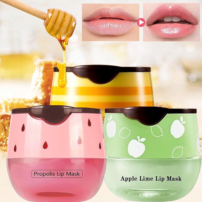3 Pcs Bee Lip Balm Honey Pot,Honey Strawberry Lime Lip Mask,Lip Balm Moisturizing Lip Sleep Mask with Stick Hydrating & Prevention Dry and Cracked (Honey Strawberry Lime)