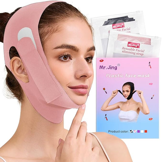 2 Pack Face Slimming Strap, Double Chin Reducer Band, Graphene V-Line Mask Chin Up Mask V Shaped Face Mask Chin strap for sleeping, V-Line Lifting Mask for Women, Medium, Black and Pink