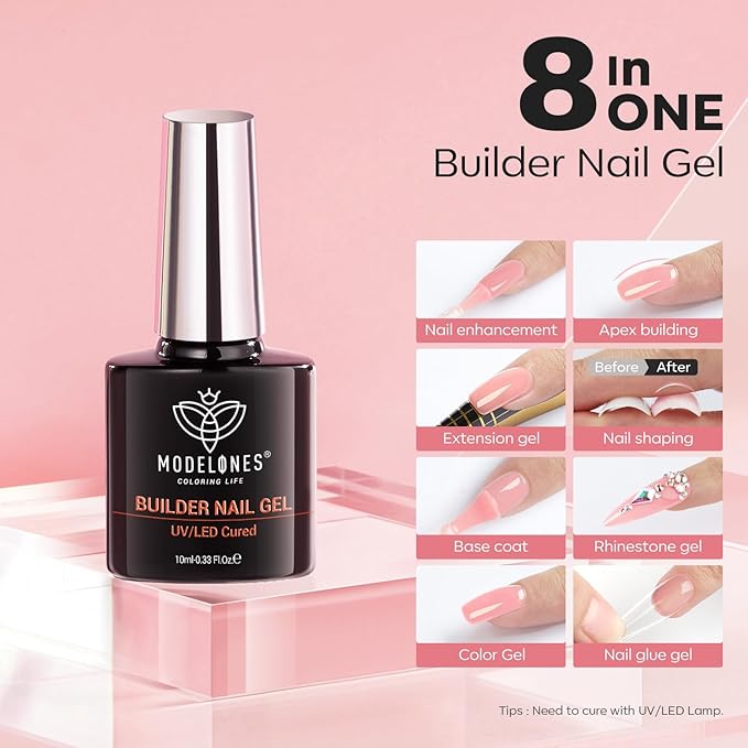 modelones Builder Nail Gel, 8-in-One Jelly Pink Builder, Peachy Pink Rubber Base Gel Polish, LED Lamp Cured Nude Color Base Hardener, Apex Building Strengthener Extension for Girls Home DIY Salon