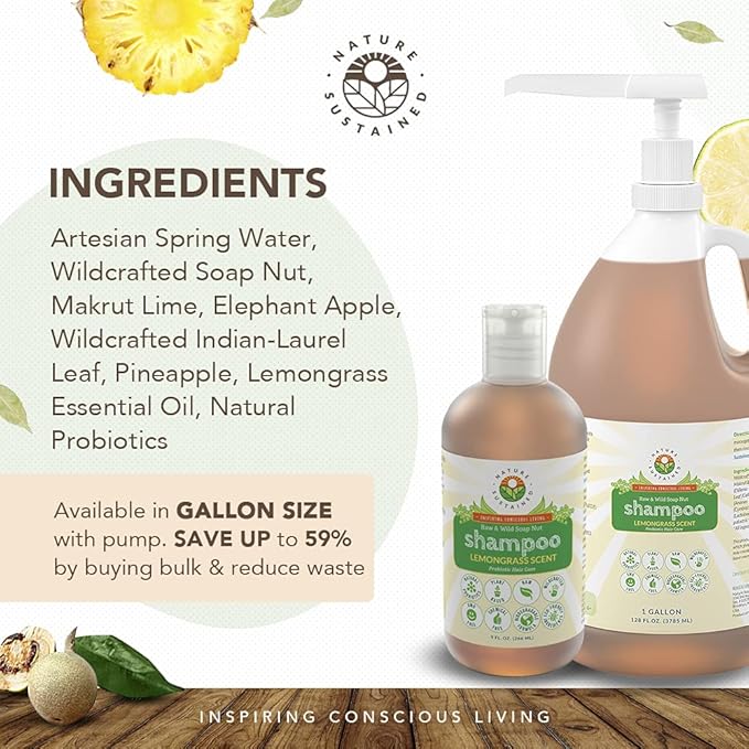 Organic Shampoo - Raw & Wildcrafted with Probiotics, Hypoallergenic Natural & Sulfate Free Shampoo for Sensitive Scalp, Dry Hair, Dandruff, Eczema & Psoriasis, 9oz, Lemongrass