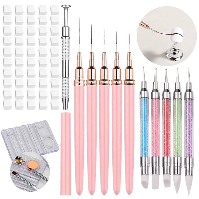 62 Pcs Nail Art Brushes Set,5 Pcs Striping Liner Brush,5 Pcs Dual Tipped Silicone Dotting Sculpture Pen,50 Pcs Nail Sponges for Ombre with Grabbing Pen,Mixing Palette Pen Holder