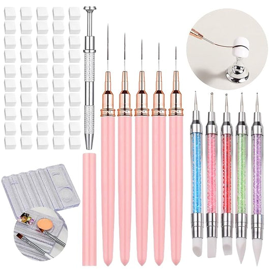 62 Pcs Nail Art Brushes Set,5 Pcs Striping Liner Brush,5 Pcs Dual Tipped Silicone Dotting Sculpture Pen,50 Pcs Nail Sponges for Ombre with Grabbing Pen,Mixing Palette Pen Holder