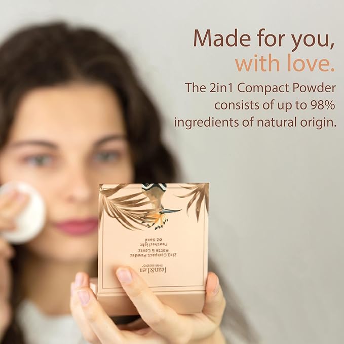 Pure 2in1 Compact Powder Feather Light 02 Sand by Jean&Len, for a flawless transition and natural look, lasts 24 hours, with organic ingredients, vegan