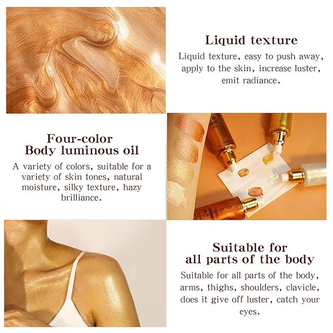 Shimmer Body Oil-Pearl White Face Brighten Glow Pearl Highlighter Liquid Illuminator Body Glow Oil,4 Color Bronze Makeup Glitter Body Shimmer Oil with Makeup Brush
