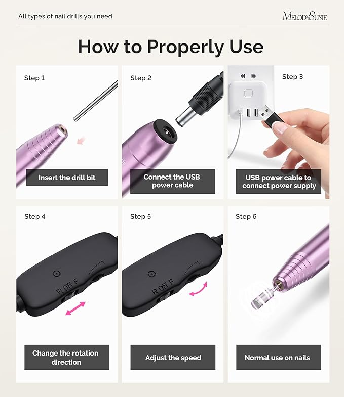 MelodySusie Electric USB Nail Drill Machine,PC120I Portable Electric Nail File Efile Set for Acrylic Gel Nails, Manicure Pedicure Tool with Nail Drill Bits Sanding Bands (Purple)