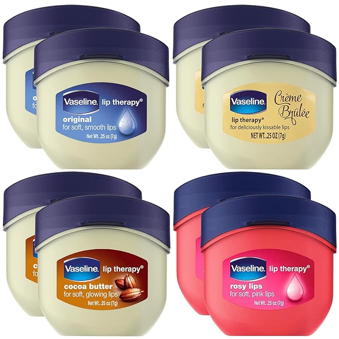 Vaseline Lip Therapy Rosy Lips, Cocoa Butter, Creme Brulee, Original - Vaseline Lip Balm, Tinted and Clear Lip Gloss Set, 2 of Each, 0.25 Oz Ea (8 Piece Set)
