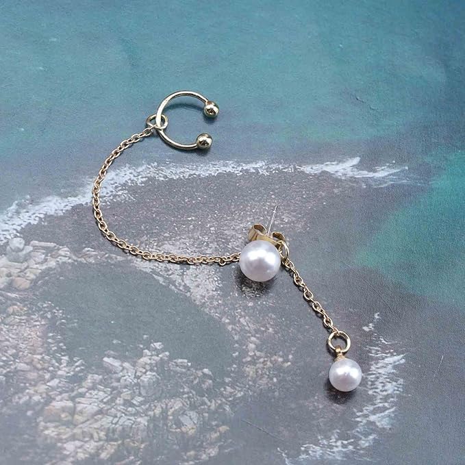 Vintage Pearl Cuff Chain Earrings Gold Chain Ear Cuffs Dangle Chain Cartilage Earrings Pearl Studs Earrings Cartilage Helix Earrings Helix to Lobe chain earrings Jewelry for Women and Girls (Gold B)