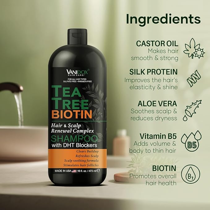 Tea Tree Oil Shampoo with Biotin, DHT Blockers, Itchy Scalp Relief, Supports Thicker-Looking Hair, Cleanses Dandruff & Buildup, For Men & Women, Made in USA, 16 fl oz