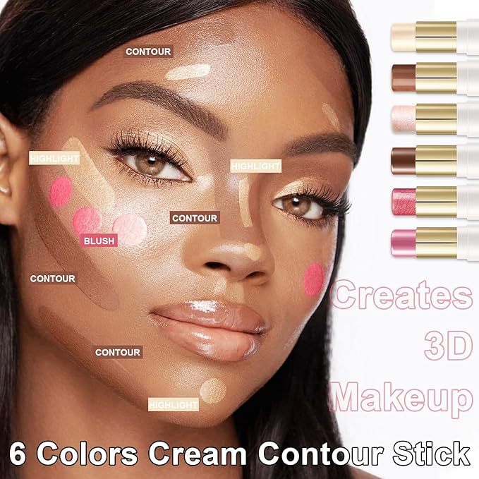 6 Colors Cream Contour Stick Makeup Contour Kit,Double-ended Cream Bronzer Stick for Sculpt, Highlighter Stick,Cream Blush Stick,Lightweight Contour Makeup Kit, Matte & Dewy Finish (SET B)
