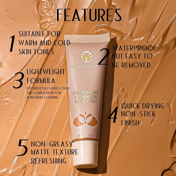 YOUNG VISION Full Coverage Longwear Foundation, Matte Finish, Waterproof, Poreless Liquid Foundation Makeup, Base de Maquillaje Alta Cobertura, 1 fl.oz