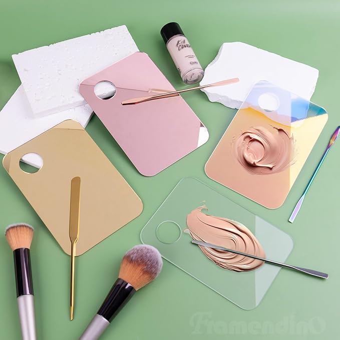 Framendino, 4 Pack Acrylic Cosmetic Makeup Palette Tray with 4 Pack Foundation Spatula Makeup Mixing Palette for Foundation Lipsticks Nail Art Beauty Salon