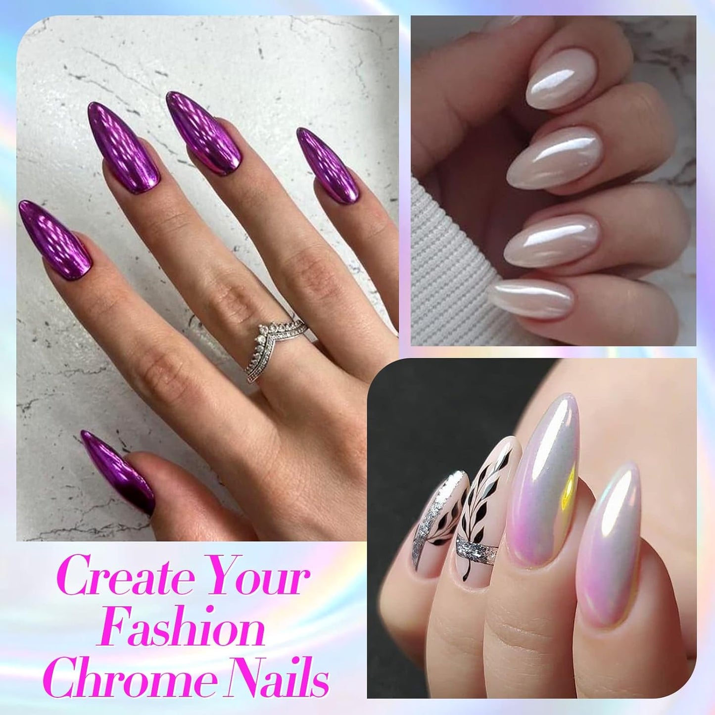 Born Pretty Mirror Chrome Nail Powder Set, 24 Colors Metallic Mirror Effect Nail Powder Holographic Aurora Chameleon Pigment Gold Silver Red Pink Purple Blue Green Manicure Nail Art Decoration Sets