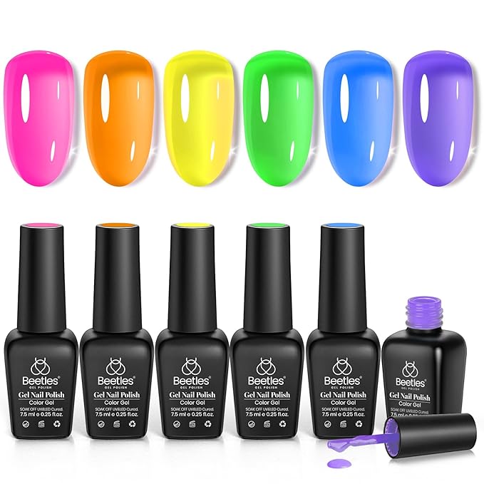 Beetles Neon Gel Nail Polish Set, 6 Summer Colors Jelly Gel Polish Kit Pink Orange Yellow Blue Green Purple Sheer Translucent Effect Soak Off UV French Nail Art Manicure Gifts for Girls Women