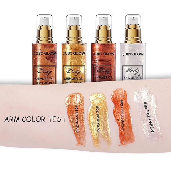 Shimmer Body Oil, Face and Body Liquid Luminizer Waterproof Moisturizing, Light Shimmer Glow Illuminator, Smooth Body Highlighter Makeup Liquid Body Shimmer (3# Bronze Gold)