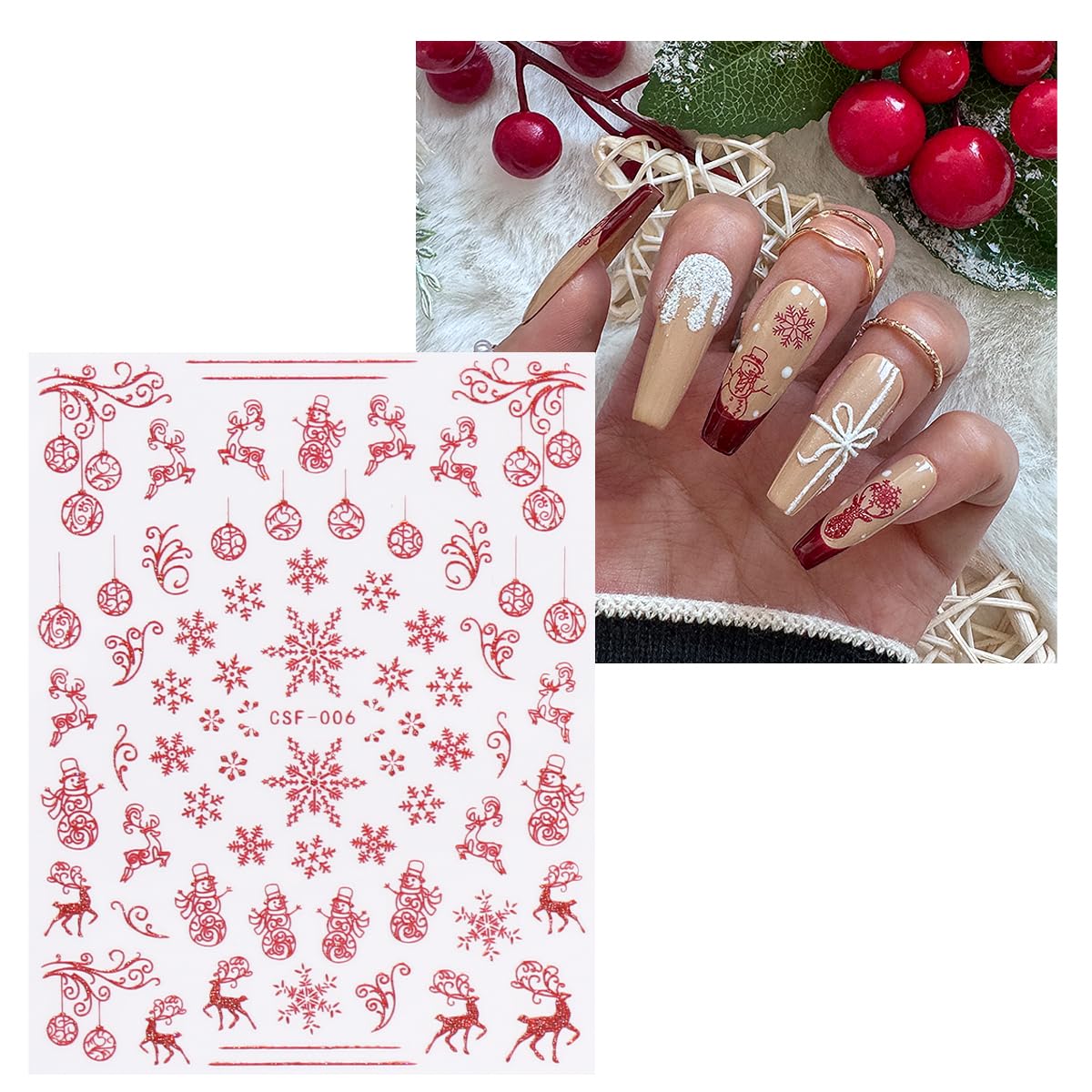 JMEOWIO 9 Sheets Christmas Glitter Nail Art Stickers Decals Self-Adhesive Red Nail Supplies Nail Art Design Decoration Accessories
