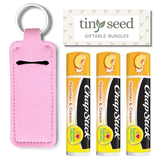 Peaches and Cream Chapstick 3-Pack. Includes Bonus Lip Balm Holder Keychain (Pink). Limited Edition Flavor from the Chapstick I Love Summer Collection, Unique Gift Bundle from