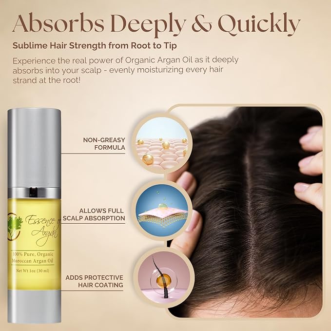 Essence of Argan 100% Pure Moroccan Organic Argan Oil - Natural EcoCert Oil that Nourishes and Conditions Your Skin, Hair and Nails (50ml/1.7oz)