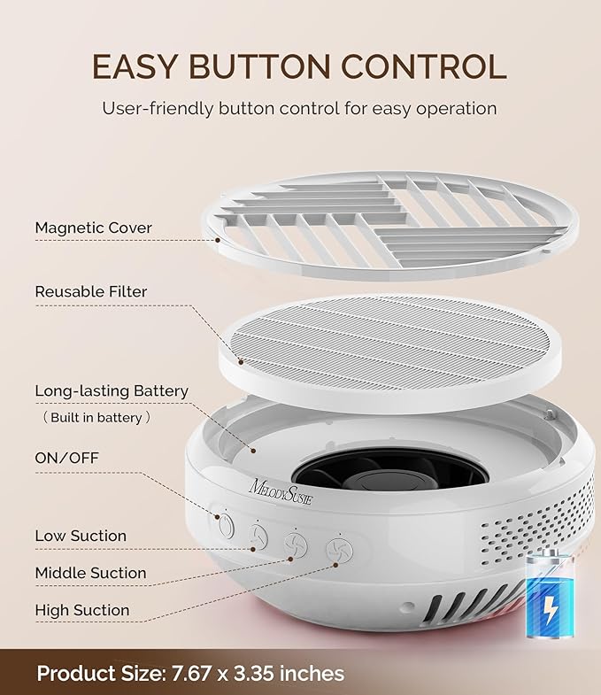 MelodySusie Cordless Nail Dust Collector,Compact Vacuum Fan Rechargeable Dust Collector with Reusable Filter,SProR Powerful Dust Suction Machine for Acrylic Gel Polish Manicure Pedicure at Salon&Home
