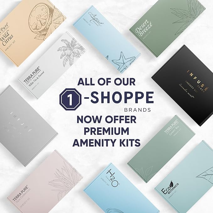 Eco Botanics Amenity Kit | Boxed Hotel Toiletries | Bulk Set .85 oz Travel Size Shampoo, Conditioner, Lotion, Body Wash & Body Bar Soap for Guest Hospitality AirBnB/Vacation Rentals | 60 sets per case