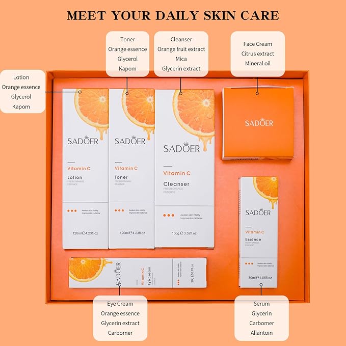 Vitamin C Daily Skin Care Set Daily Moisturizing & Nourishing Fresh Orange Essence Skin Care Set Vitamin Essence Six-piece Set