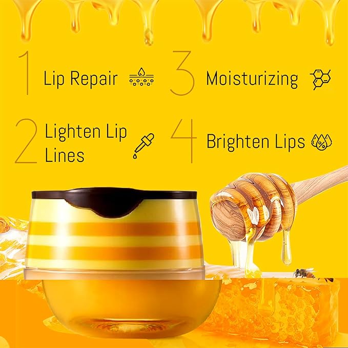 4PCS Lip Balm Honey Pot, Honey Pot Lip Balm for Dry Cracked Lips, Strawberry Lip Balm Scrubs Exfoliator & Moisturizer, Hydrating Lip Balm Honey Pot with Wand, Lip Sleeping Mask (4pcs)