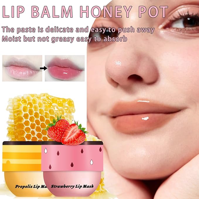 2PCS Lip Mask Overnight, Honey&Strawberry Moisturizing Repair Sleeping Lip Balm, Fade Lip Lines Bee Lip Balm, Hydrating &Prevention Dry and Crack Lip Scrubs Exfoliator (Strawberry & Strawberry)