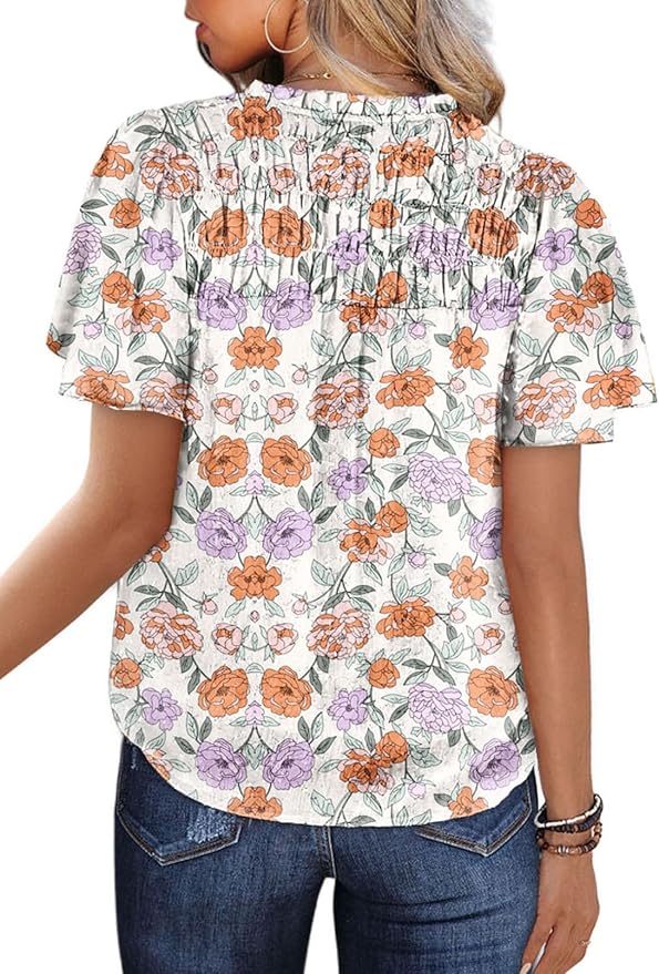SHEWIN Women's Casual V Neck Floral Print Smocked Short Sleeve Chiffon Blouses Bohemian Top Shirts