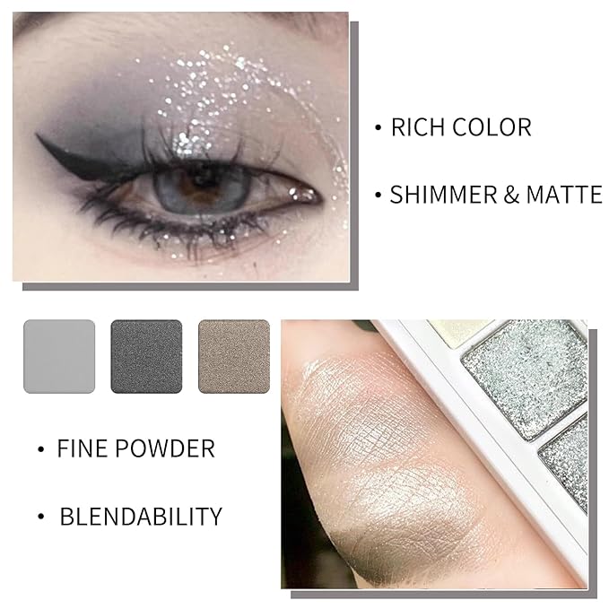 Erinde Black Smokey Gray Silver Eyeshadow Palette, 9 Colors Matte Shimmer Glitter Eye Shadow Makeup Pallet, Highly Pigmented Long Lasting Waterproof, Natural Neutral Shiny Eyeshadow Make Up Palette