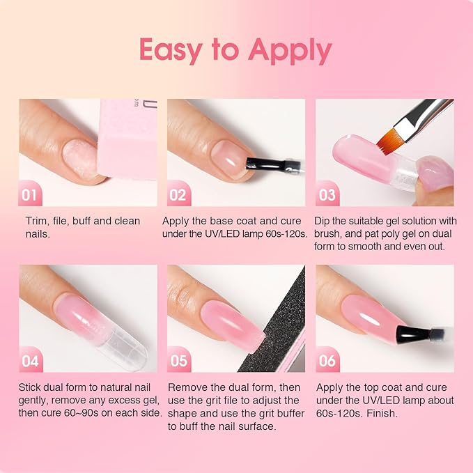 ROSALIND Poly Nail Gel Kit -8 Colors + White Brown Accessories Clear Nude Poly Nails Gel Starter Kit With Slip Solution Nude Pink Extensions Set with Mini UV Lamp