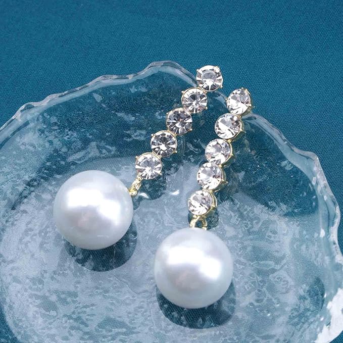 Vintage Pearl Drop Earring Gold Rhinestone Diamond Stud Earrings Cubic Crystal Earrings Wedding Pearl Earrings Jewelry for Women and Girls
