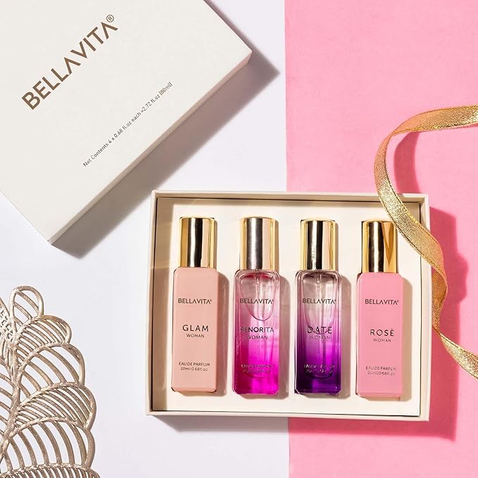 BellaVita Luxury Women's Perfume Gift Set (4x20ml) | Notes of Floral, Sweet, Spicey Red Fruit, Vanilla & Musk | DATE, SENORITA, GLAM & ROSE | French Parfum Collection Gift Set
