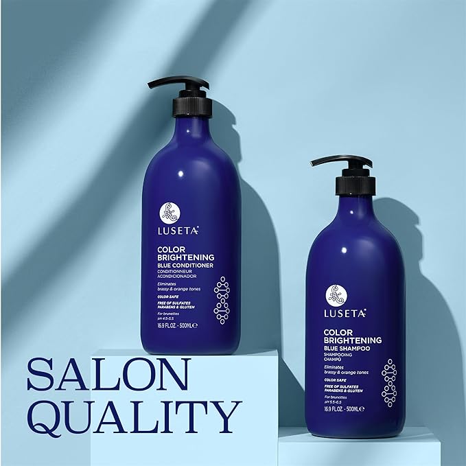 Luseta Blue Shampoo & Conditioner Set - Color Brightening for Brassy and Brunette Treated Hair, Revive Cool Tones, 2x 16.9oz