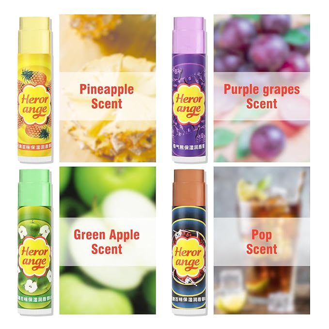 Flavored Lip Balm Set, 4 Scents- Pineapple Green Apple Purple Grapes Lip Balm and Pop Flavor Lip Balm Moisturizer,Transparent Hydrate Multi Flavor Chapstick Balm Bulk,Smooth Lip Lines Lip Care